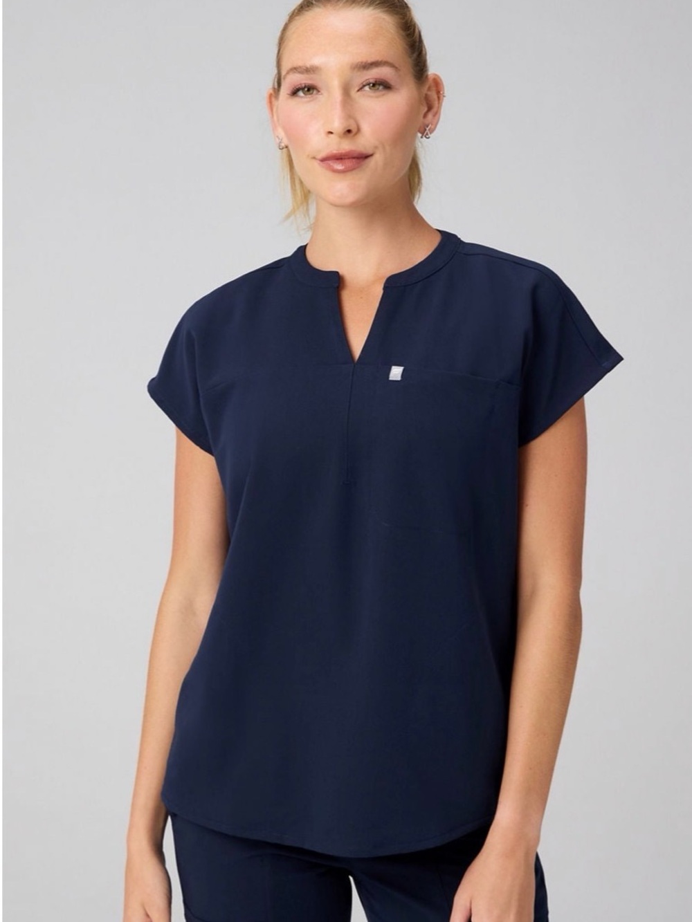 Fabletics Navy Short Sleeve Split-Neck Evolve Blouse